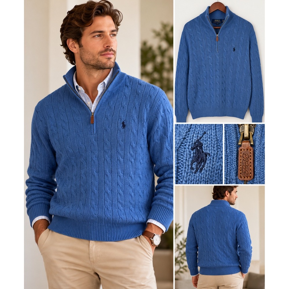 Polo Ralph Lauren Men's Blue Cable Knit Quarter Zip Sweater Pony Logo Size XL